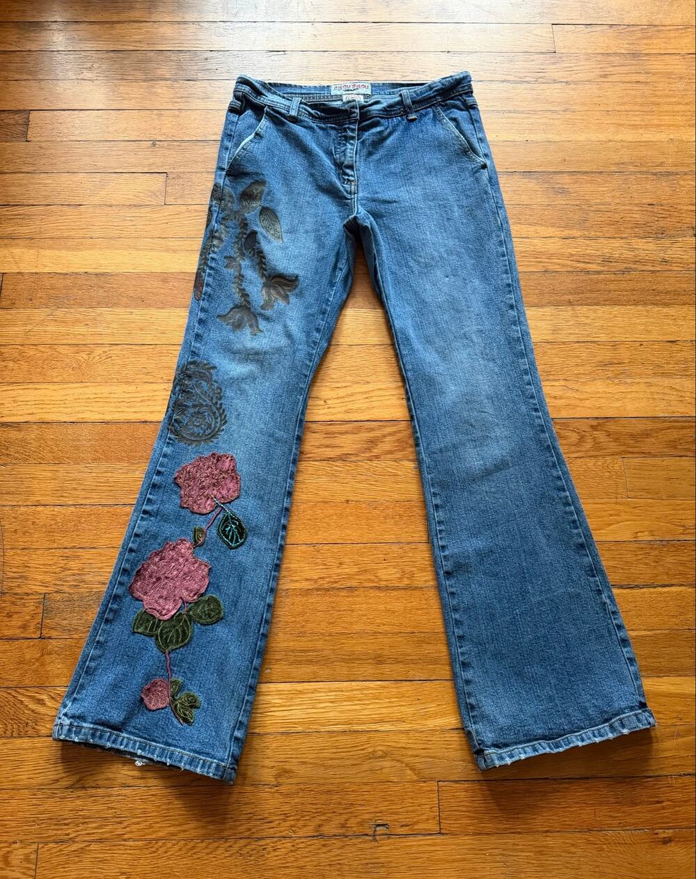 BISOU BISOU Wide Leg Jeans w/Floral Print & Embroidery sz 10 (actual 29W)